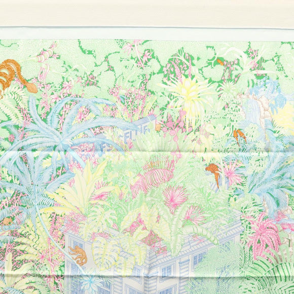 HERMES Carre 90 Scarf ""Faubourg Tropical"" Silk Green Auth yk17852