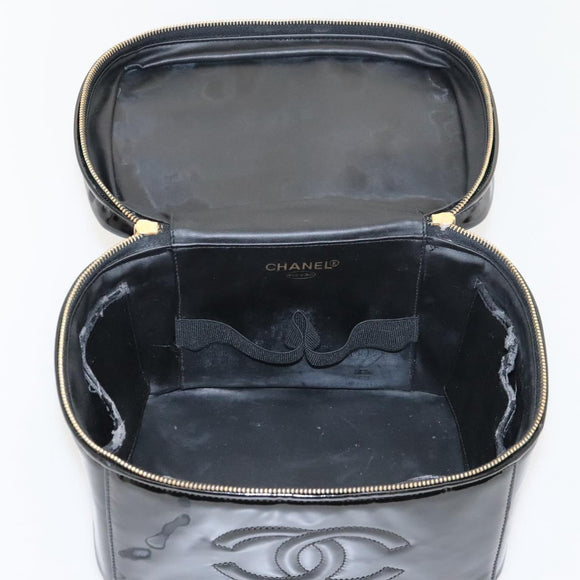 CHANEL COCO Mark Vanity Hand Bag Patent leather 2way Black Gold CC Auth yk17862