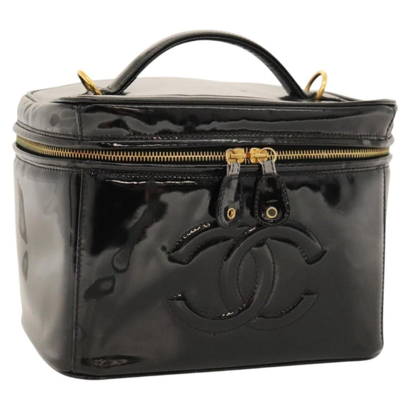 CHANEL COCO Mark Vanity Hand Bag Patent leather 2way Black Gold CC Auth yk17862