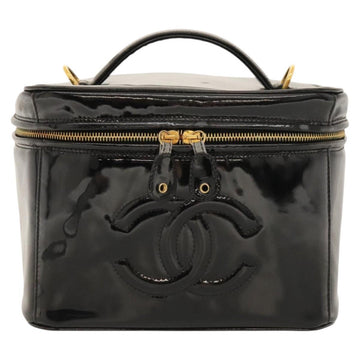 CHANEL COCO Mark Vanity Hand Bag Patent leather 2way Black Gold CC Auth yk17862 - 0