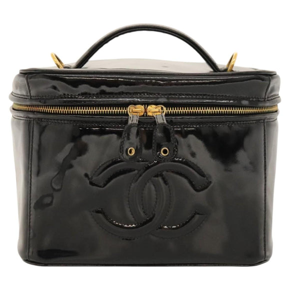 CHANEL COCO Mark Vanity Hand Bag Patent leather 2way Black Gold CC Auth yk17862