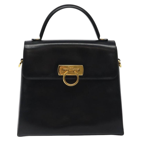 Salvatore Ferragamo Gancini Hand Bag Leather Black Gold Auth yk17898