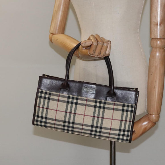 BURBERRY Nova Check Hand Bag Nylon Beige Brown Silver Auth yk17943