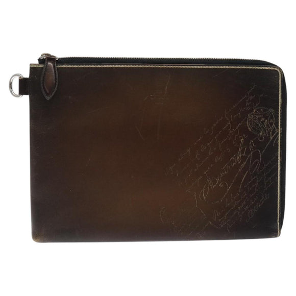 Berluti Calligraphy Clutch Bag Leather Brown Silver Auth yk17944