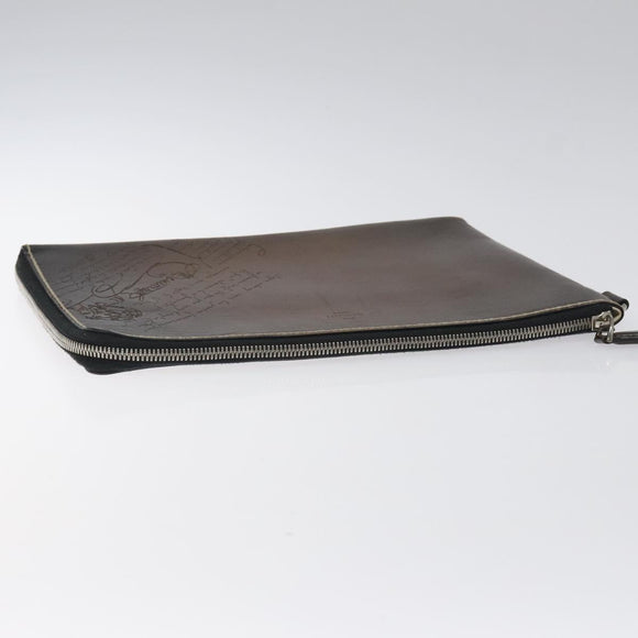 Berluti Calligraphy Clutch Bag Leather Brown Silver Auth yk17944