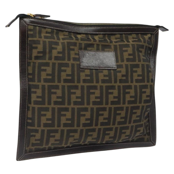 FENDI Zucca Canvas Clutch Bag Brown Black gold Auth yk17958