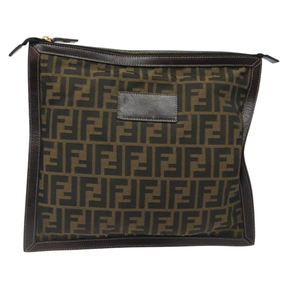 FENDI Zucca Canvas Clutch Bag Brown Black gold Auth yk17958