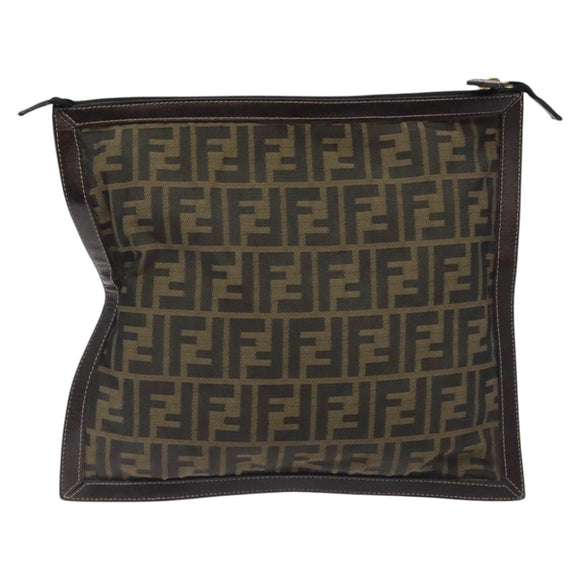 FENDI Zucca Canvas Clutch Bag Brown Black gold Auth yk17958