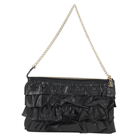 CHANEL Chain Gathered Hand Bag Lamb Skin Black Gold CC Auth yk18016M
