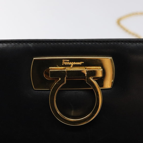 Salvatore Ferragamo Gancini Chain Shoulder Bag Leather Black Gold Auth yk18121