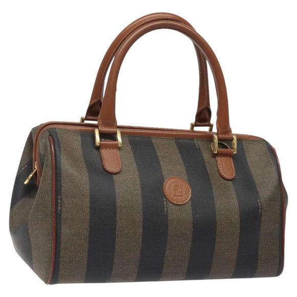 FENDI Pecan Canvas Hand Bag Brown Black gold Auth yk18138