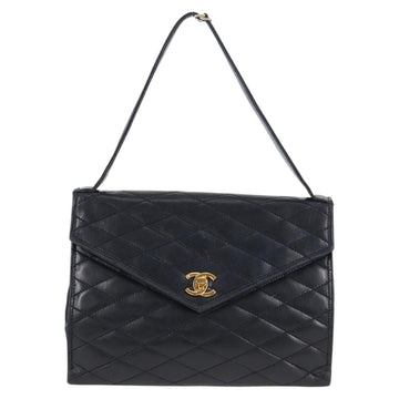 CHANEL Matelasse Hand Bag Lamb Skin Navy Gold CC Auth yk18152