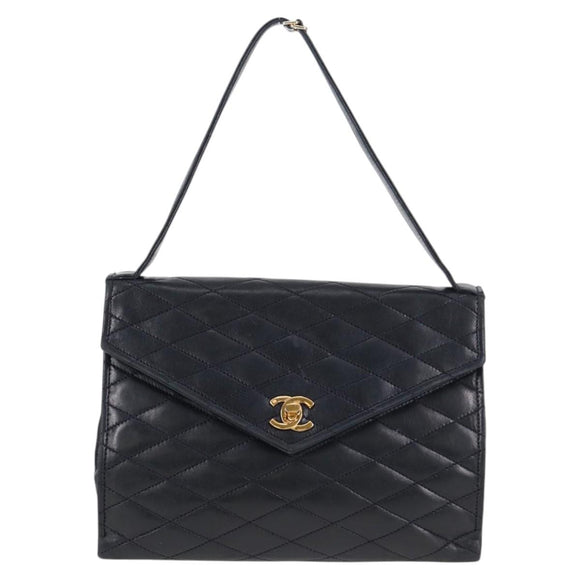 CHANEL Matelasse Hand Bag Lamb Skin Navy Gold CC Auth yk18152