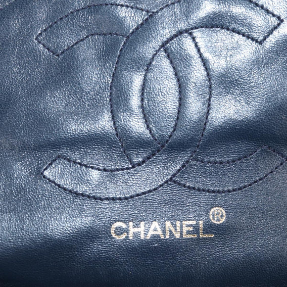 CHANEL Matelasse Hand Bag Lamb Skin Navy Gold CC Auth yk18152