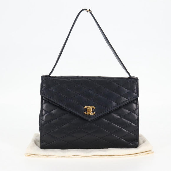CHANEL Matelasse Hand Bag Lamb Skin Navy Gold CC Auth yk18152