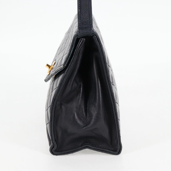 CHANEL Matelasse Hand Bag Lamb Skin Navy Gold CC Auth yk18152