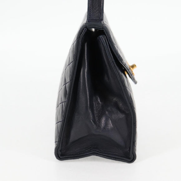 CHANEL Matelasse Hand Bag Lamb Skin Navy Gold CC Auth yk18152