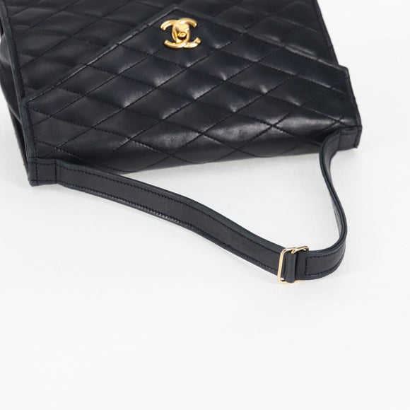 CHANEL Matelasse Hand Bag Lamb Skin Navy Gold CC Auth yk18152