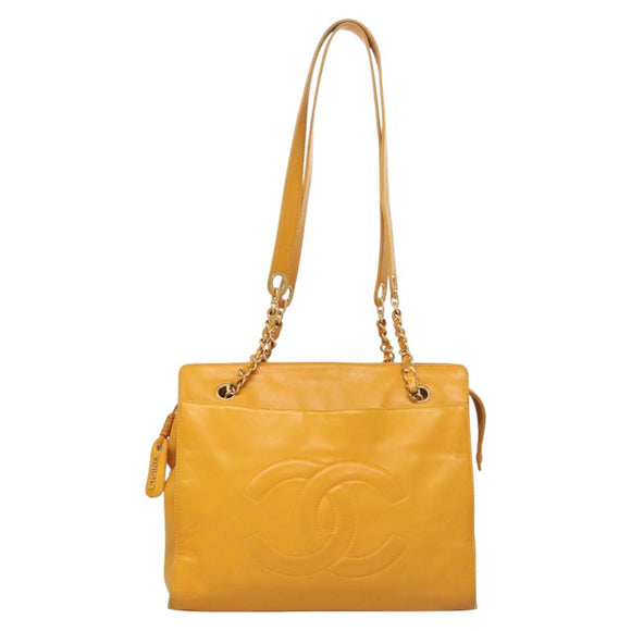 CHANEL COCO Mark Chain Shoulder Bag Lamb Skin Yellow Gold CC Auth yk18209V