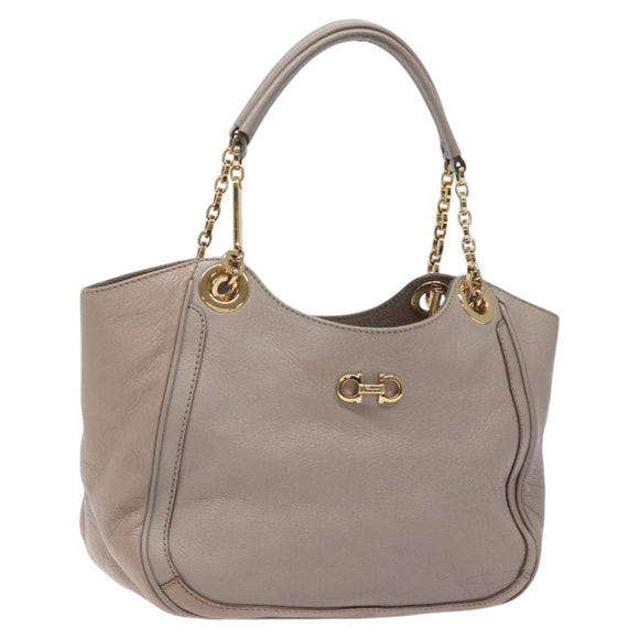 Salvatore Ferragamo Gancini Chain Hand Bag Leather Gray Gold Auth yk18218