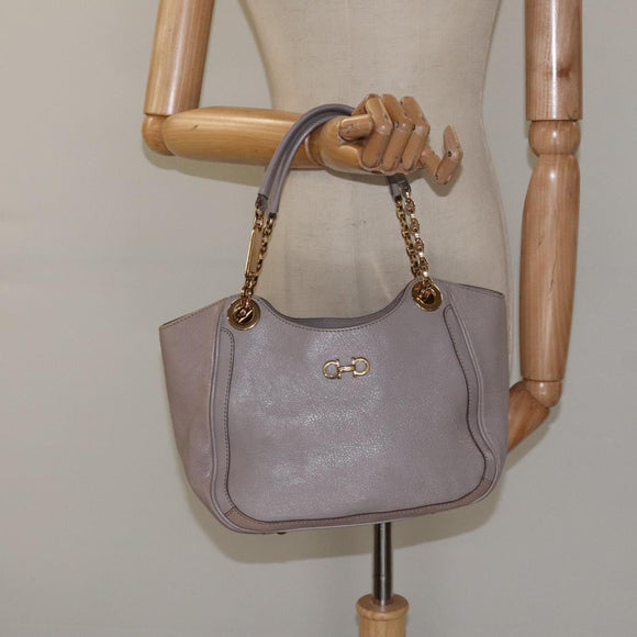 Salvatore Ferragamo Gancini Chain Hand Bag Leather Gray Gold Auth yk18218