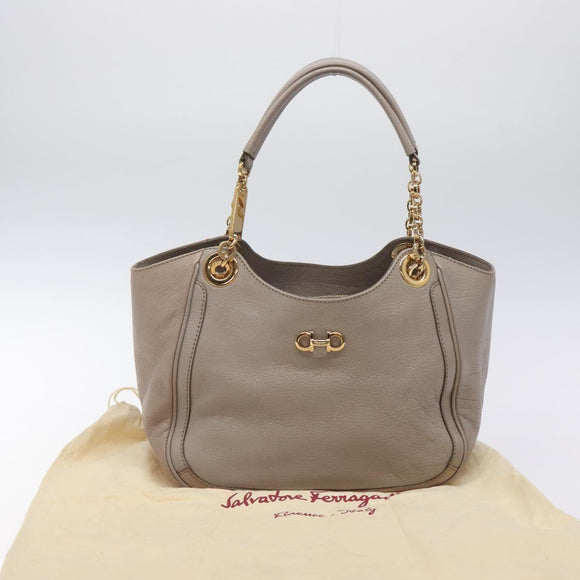 Salvatore Ferragamo Gancini Chain Hand Bag Leather Gray Gold Auth yk18218
