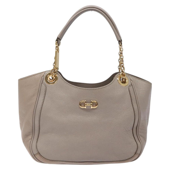 Salvatore Ferragamo Gancini Chain Hand Bag Leather Gray Gold Auth yk18218