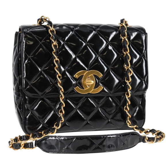 CHANEL Matelasse Chain Shoulder Bag Patent leather Black Gold CC Auth yk18276