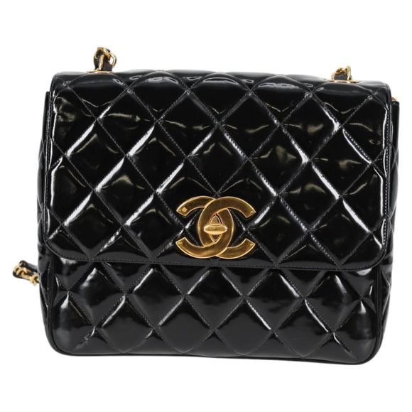 CHANEL Matelasse Chain Shoulder Bag Patent leather Black Gold CC Auth yk18276