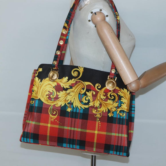 VERSACE Tote Bag Canvas Red Gold Auth yk18395