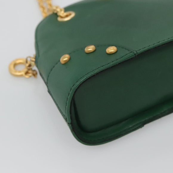 CELINE Chain Shoulder Bag Leather Green Gold Auth yk18399