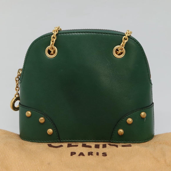 CELINE Chain Shoulder Bag Leather Green Gold Auth yk18399