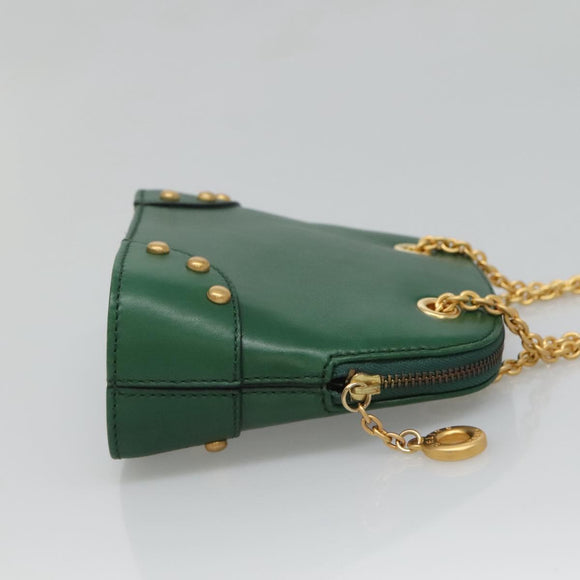 CELINE Chain Shoulder Bag Leather Green Gold Auth yk18399