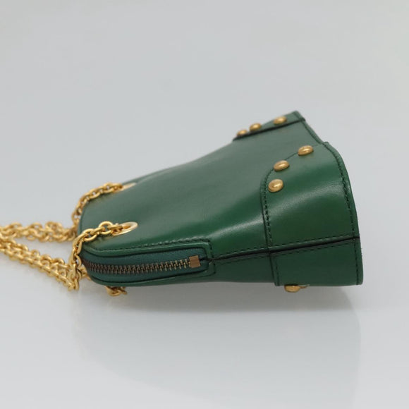 CELINE Chain Shoulder Bag Leather Green Gold Auth yk18399