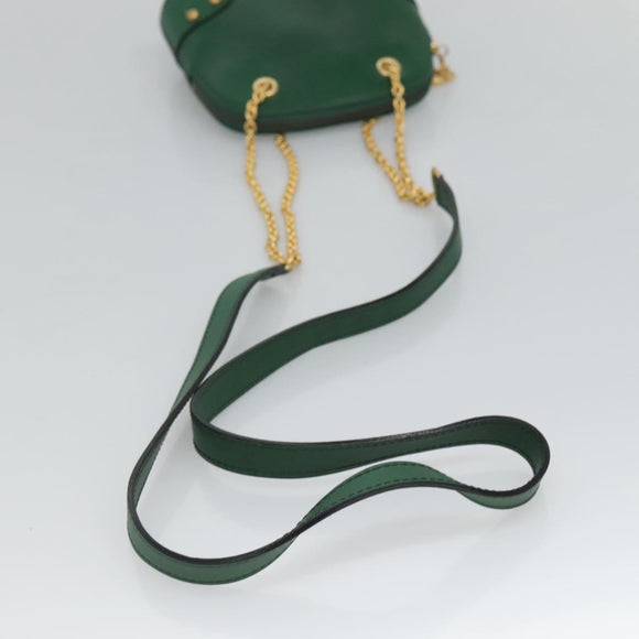 CELINE Chain Shoulder Bag Leather Green Gold Auth yk18399