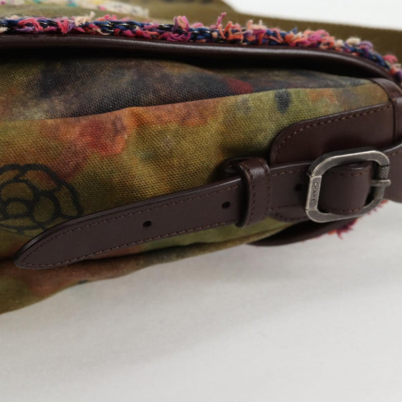 CHANEL Embroidery Graffiti Shoulder Bag Canvas Leather Khaki CC Auth yk18413SM