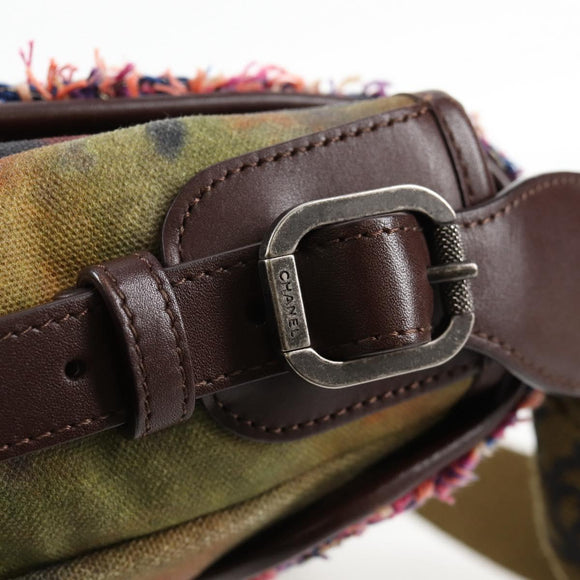 CHANEL Embroidery Graffiti Shoulder Bag Canvas Leather Khaki CC Auth yk18413SM