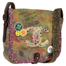 CHANEL Embroidery Graffiti Shoulder Bag Canvas Leather Khaki CC Auth yk18413SM-1