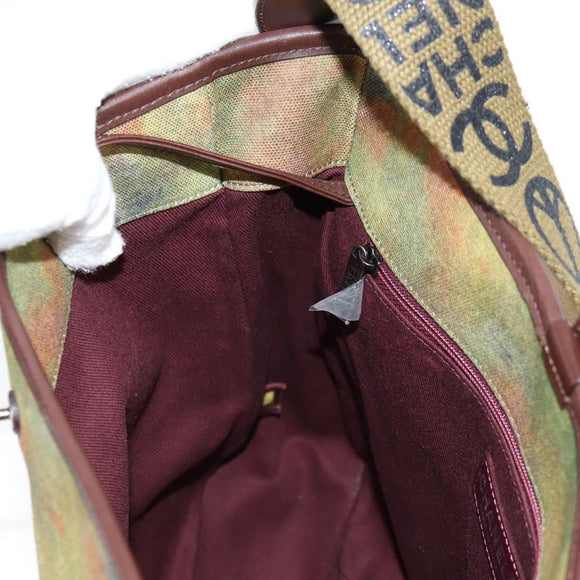 CHANEL Embroidery Graffiti Shoulder Bag Canvas Leather Khaki CC Auth yk18413SM