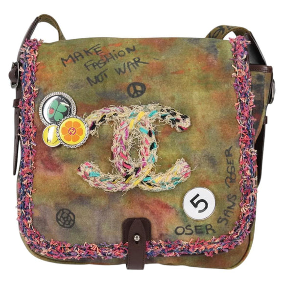 CHANEL Embroidery Graffiti Shoulder Bag Canvas Leather Khaki CC Auth yk18413SM