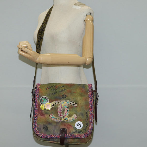 CHANEL Embroidery Graffiti Shoulder Bag Canvas Leather Khaki CC Auth yk18413SM