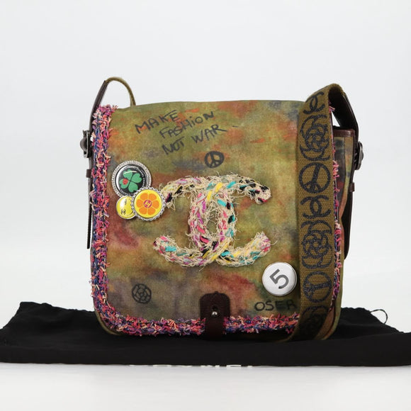 CHANEL Embroidery Graffiti Shoulder Bag Canvas Leather Khaki CC Auth yk18413SM