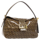 FENDI Zucchino Canvas Mamma Baguette Bag Enamel Brown Gold Auth yk18443V-1