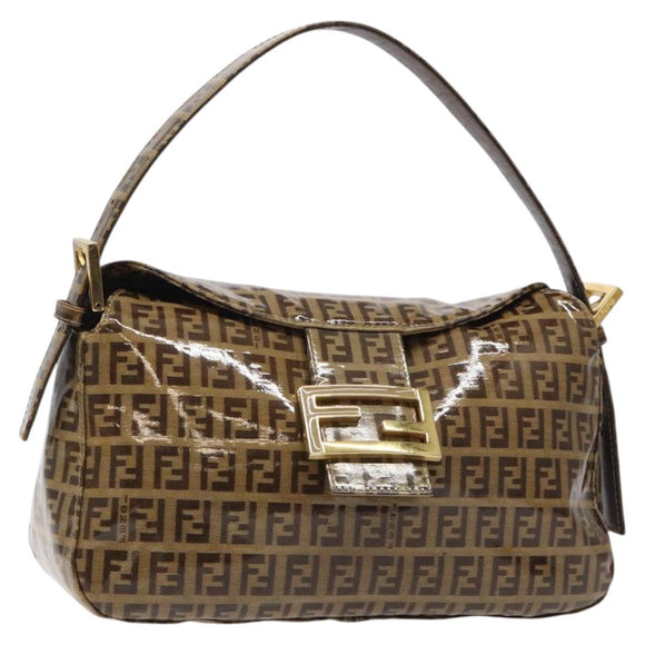 FENDI Zucchino Canvas Mamma Baguette Bag Enamel Brown Gold Auth yk18443V