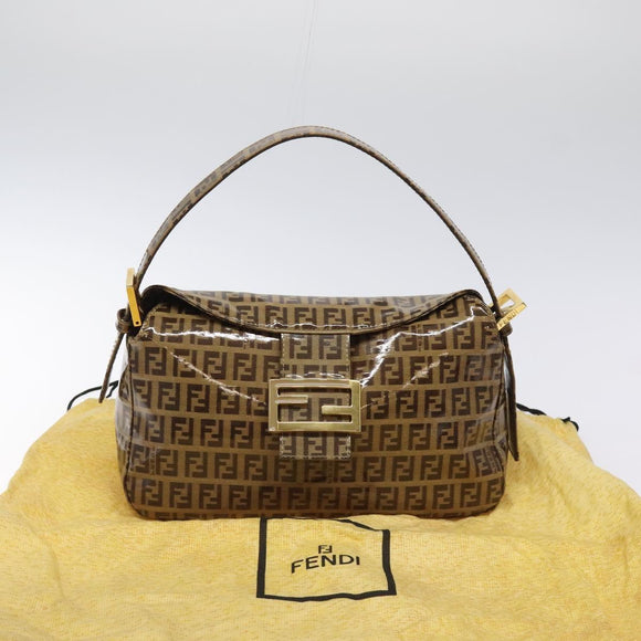 FENDI Zucchino Canvas Mamma Baguette Bag Enamel Brown Gold Auth yk18443V