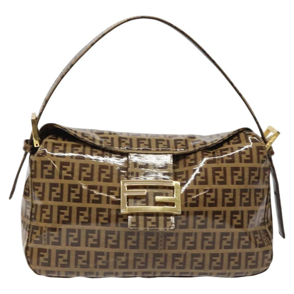 FENDI Zucchino Canvas Mamma Baguette Bag Enamel Brown Gold Auth yk18443V