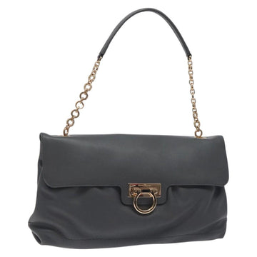 Salvatore Ferragamo Gancini Chain Shoulder Bag Leather Gray Gold Auth yk18490
