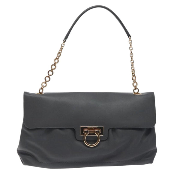 Salvatore Ferragamo Gancini Chain Shoulder Bag Leather Gray Gold Auth yk18490