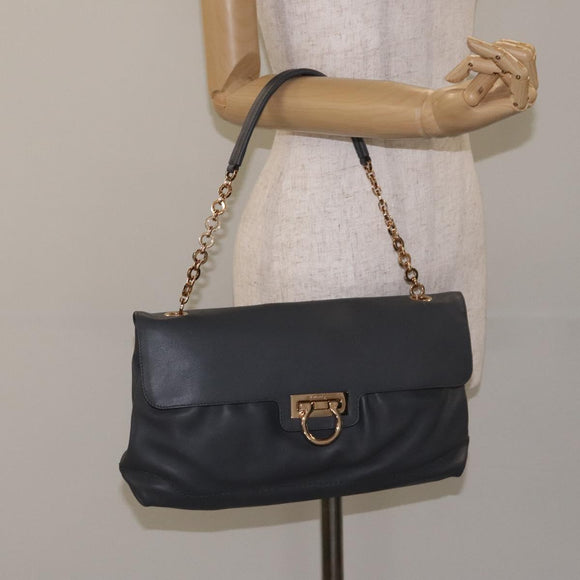 Salvatore Ferragamo Gancini Chain Shoulder Bag Leather Gray Gold Auth yk18490