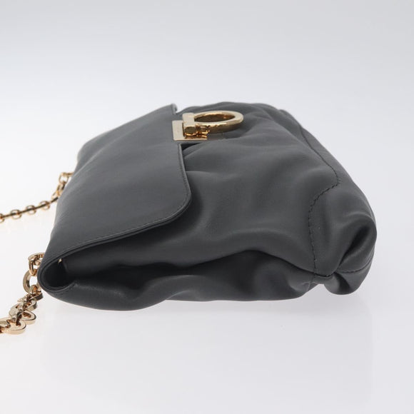 Salvatore Ferragamo Gancini Chain Shoulder Bag Leather Gray Gold Auth yk18490